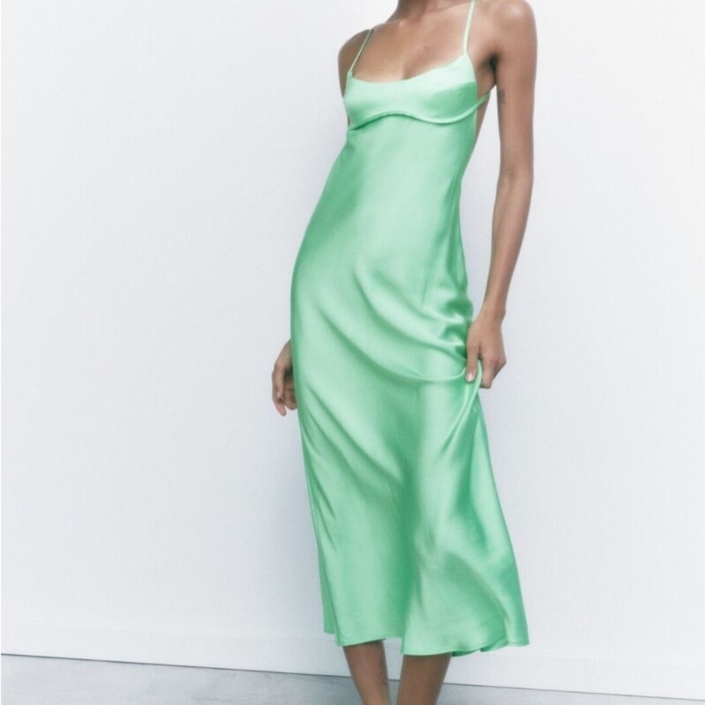 ZARA Green Satin Slip Dress